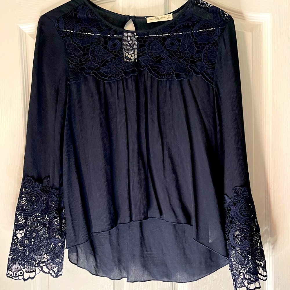 Abercrombie and Fitch navy blue crape top with flared sleeves of lace